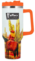 Load image into Gallery viewer, Jeffers Expression 40 oz stainless steel tumbler with orange lid and handle, desert cowboy artwork straw included
