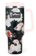 Load image into Gallery viewer, Jeffers Expression 40 oz stainless steel tumbler with pink lid and handle, floral black design, straw included
