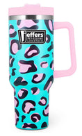 Load image into Gallery viewer, Jeffers Expression 40 oz stainless steel tumbler with pink lid and handle, teal leopard print, straw included
