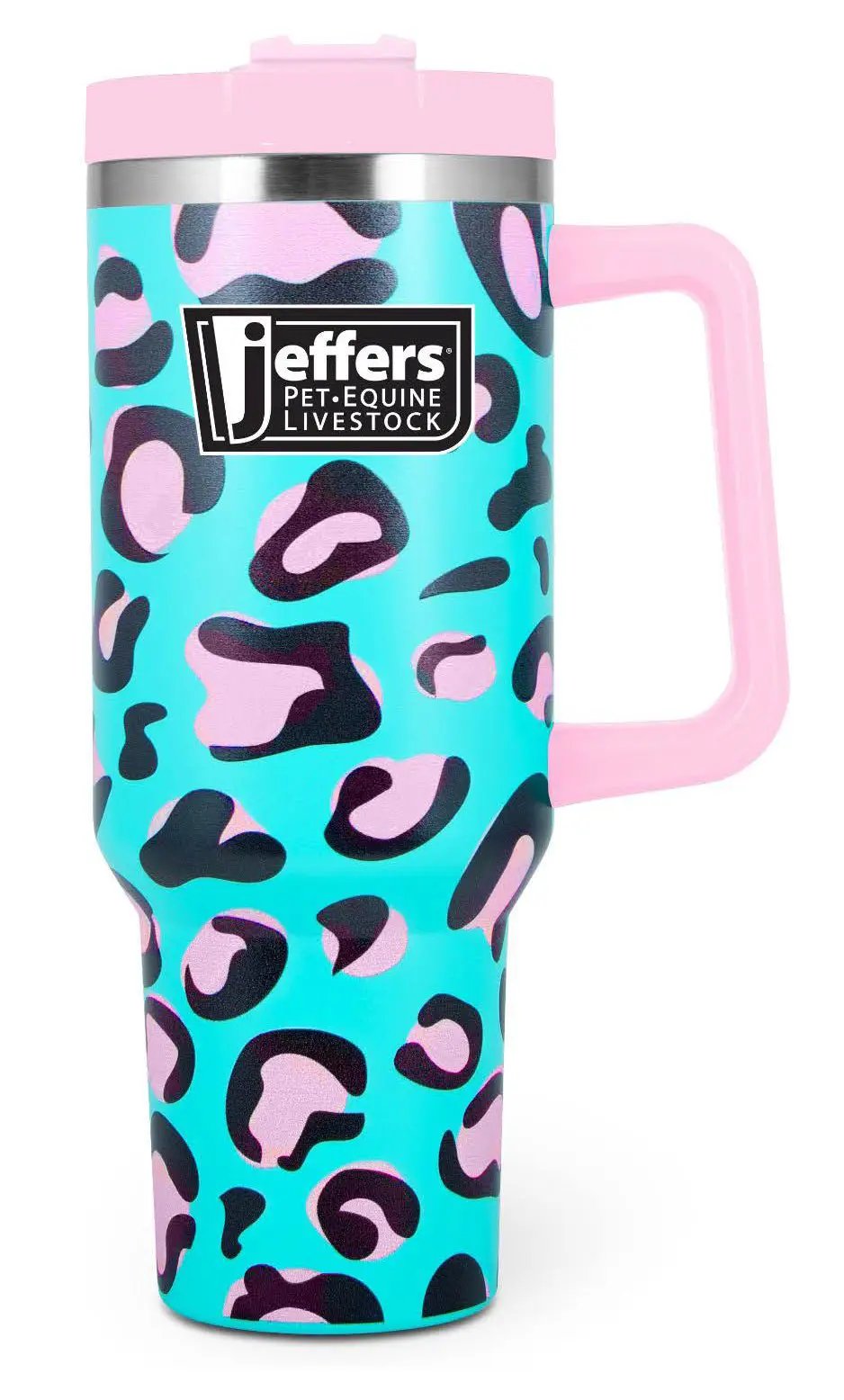 Jeffers Expression 40 oz stainless steel tumbler with pink lid and handle, teal leopard print, straw included