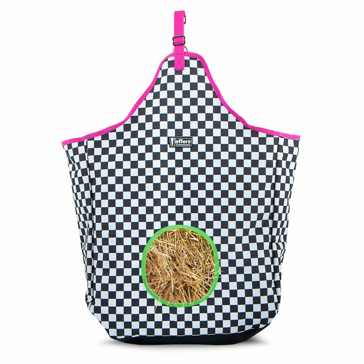 Jeffers Expressions top-loading hay bag, 600 Denier, black-and-white checkered with pink trim