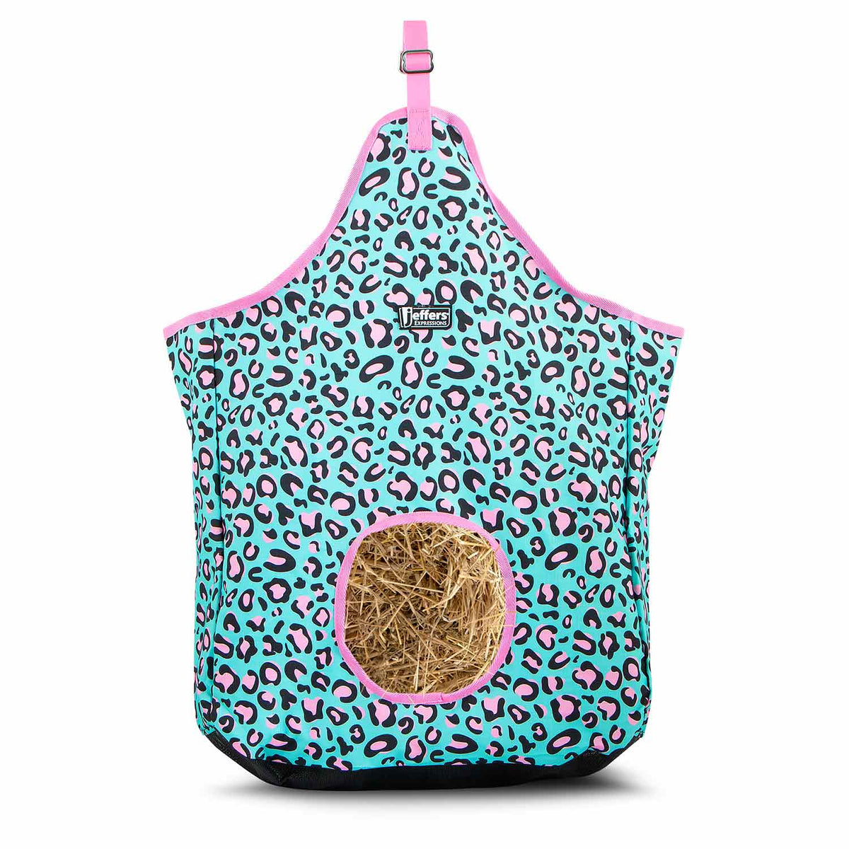 Jeffers Expression Top Loading Hay Bag, 600 Denier; turquoise with pink leopard print and pink trim