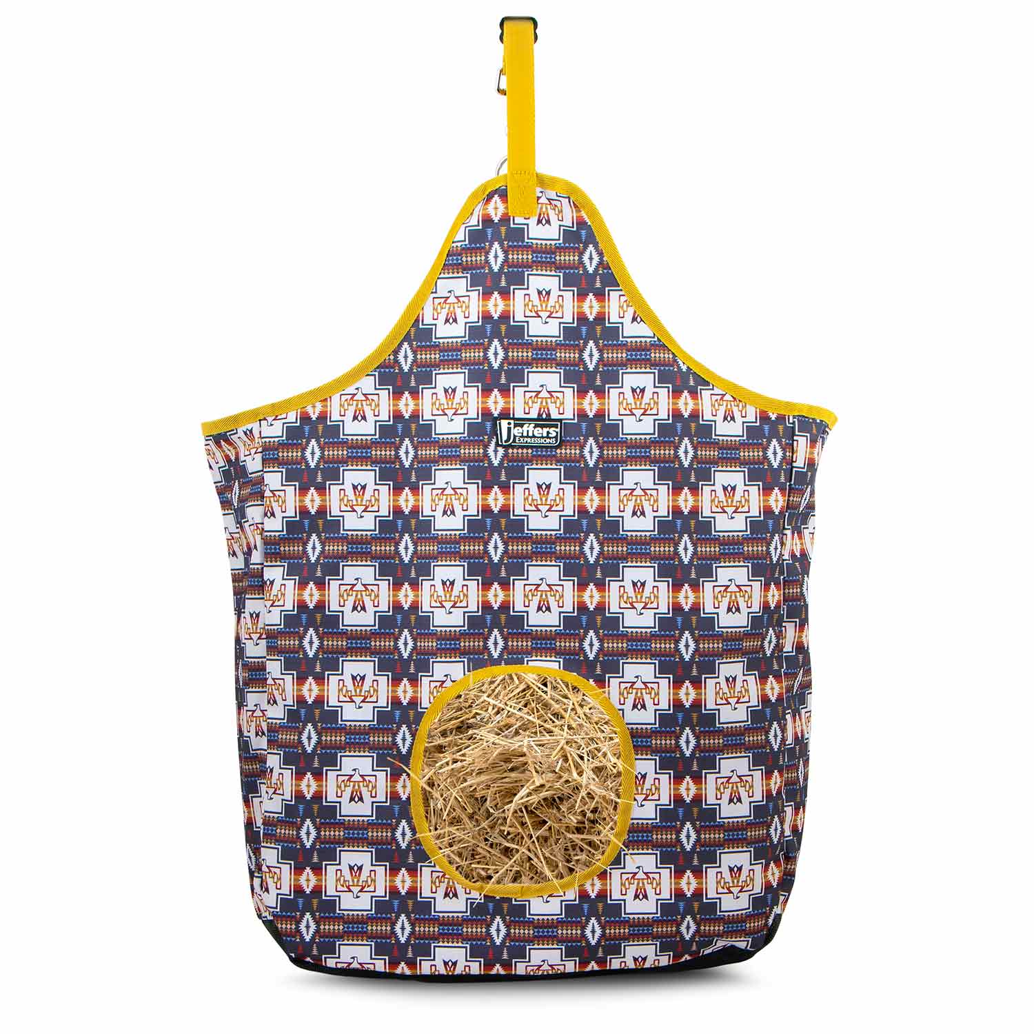 Jeffers Expression Top Loading Hay Bag, 600 Denier, blue geometric pattern with yellow trim and hay-filled opening