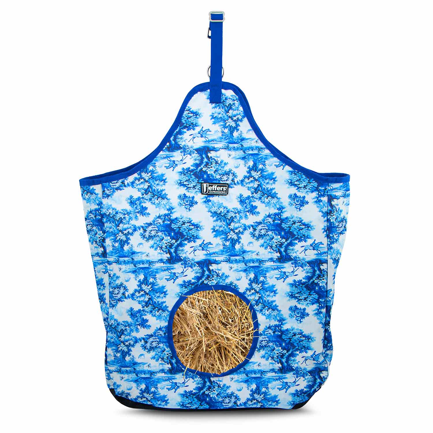 Jeffers Expressions top-loading hay bag, 600 denier, blue-and-white toile print with straw visible.