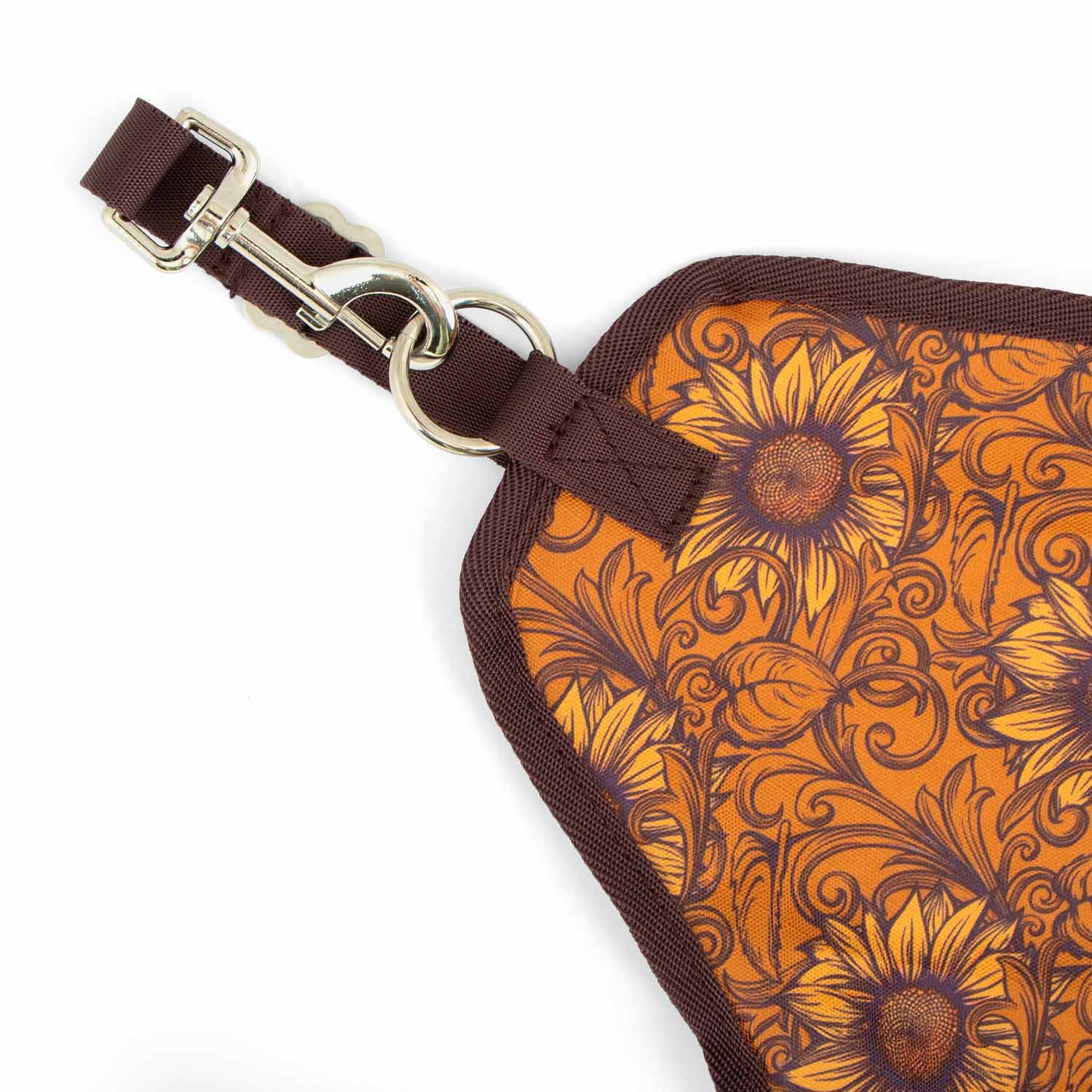Jeffers Expression top-loading hay bag in orange sunflower pattern with brown strap and metal hardware (600 Denier)