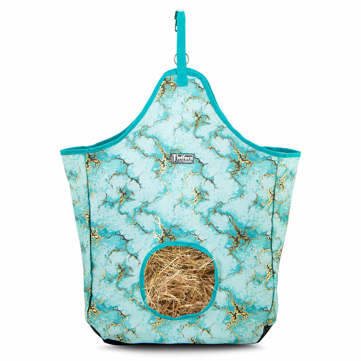 Jeffers Expression top-loading hay bag, 600 Denier, turquoise marbled fabric with strap