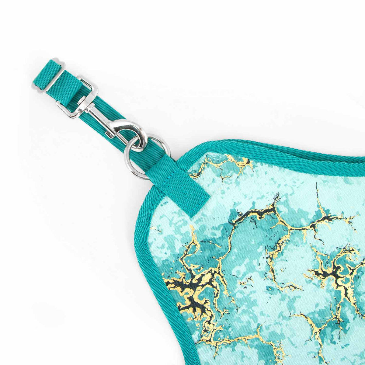 Jeffers Expression Top Loading Hay Bag, 600 Denier; turquoise marbled fabric with gold accents and metal hardware.