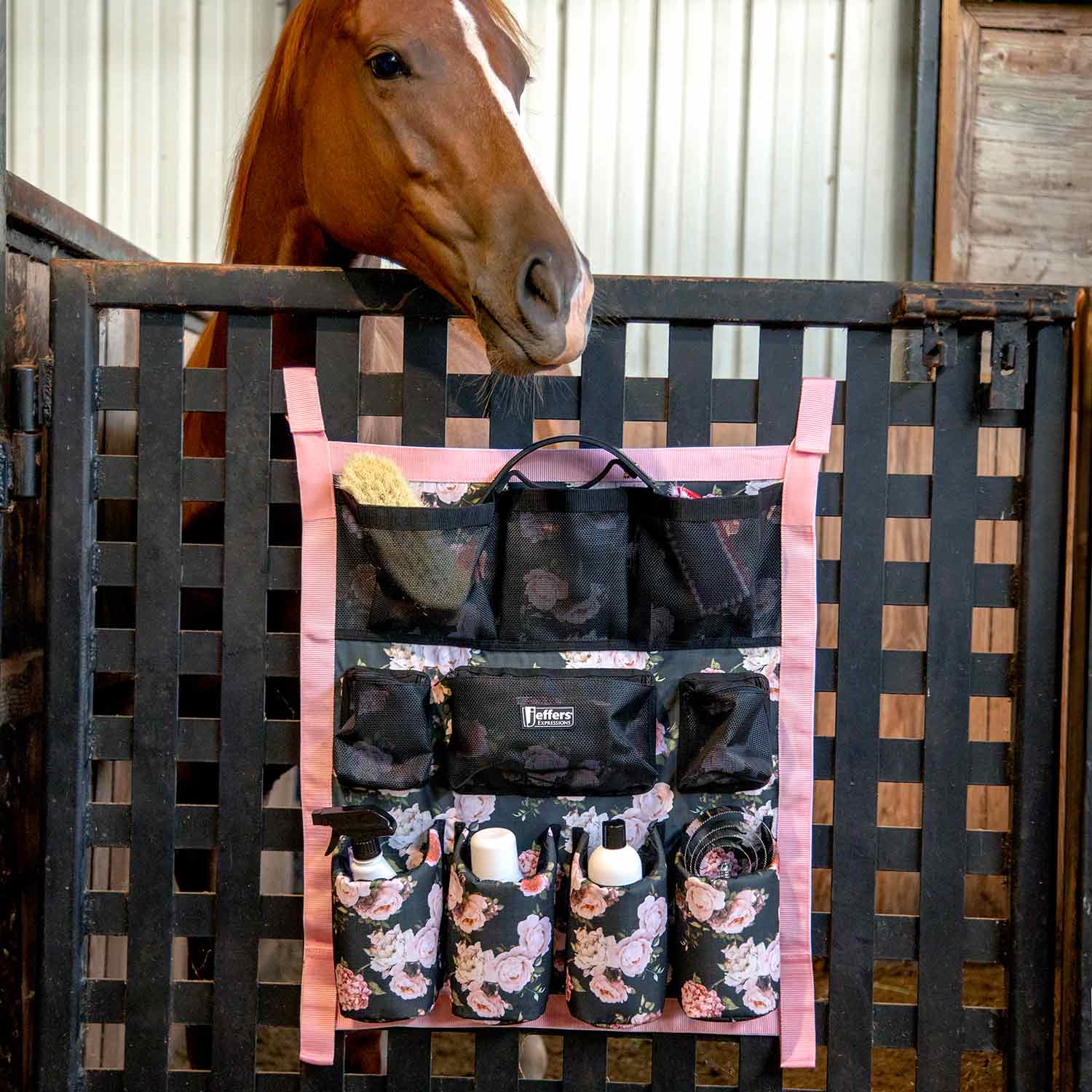 Jeffers Expression trailer-door horse grooming caddy with floral pockets and pink straps
