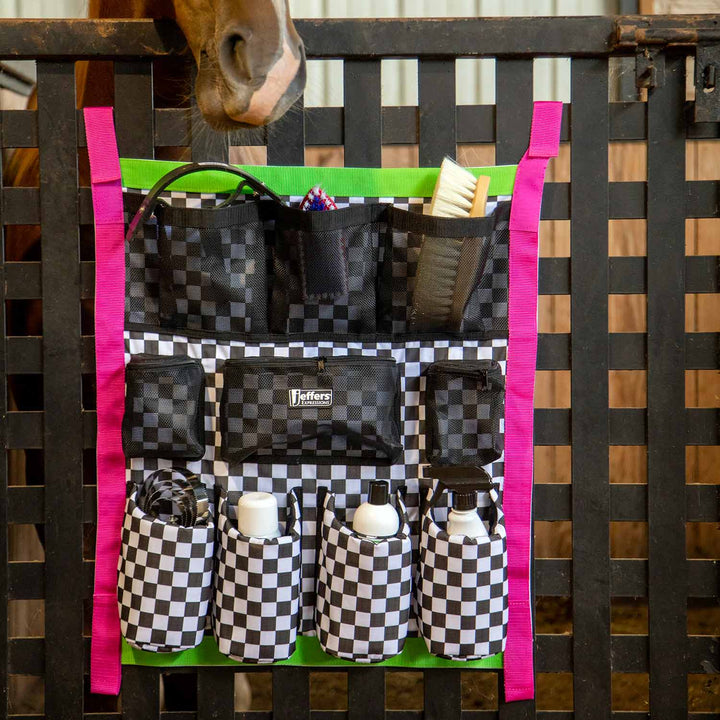 Jeffers Expression Trailer Door Horse Grooming Caddy; black-and-white checkered pockets with bright pink straps.