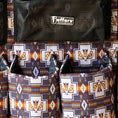 Load image into Gallery viewer, Jeffers Expressions trailer-door horse grooming caddy with black mesh pocket on colorful geometric print fabric
