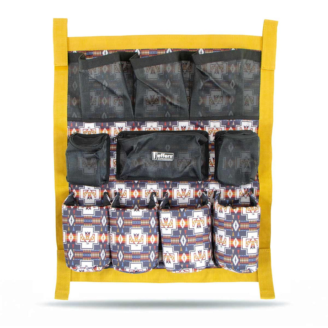 Jeffers Expressions Trailer Door Grooming Caddy with yellow frame and patterned fabric pockets; six lower pockets