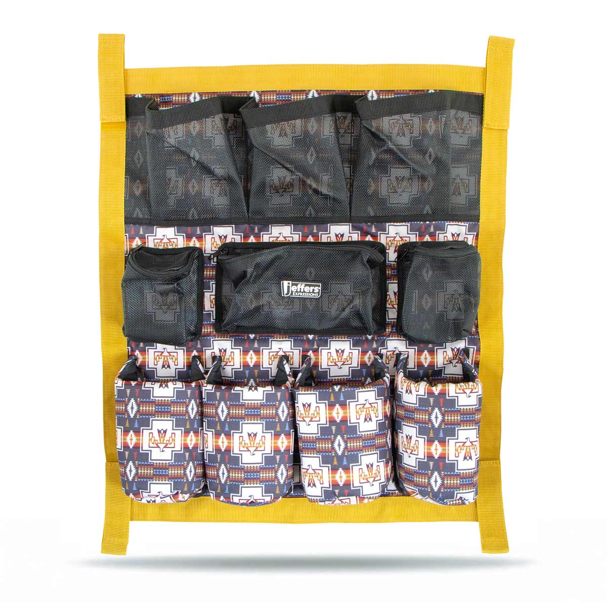 Jeffers Expressions Trailer Door Grooming Caddy with yellow frame and patterned fabric pockets; six lower pockets
