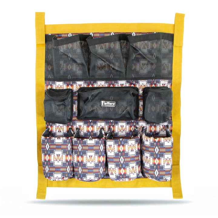 Jeffers Expressions Trailer Door Grooming Caddy with yellow frame and patterned fabric pockets; six lower pockets