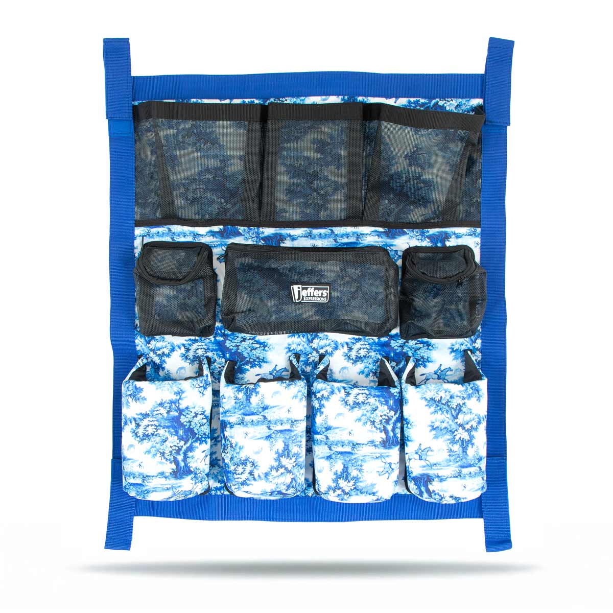 Jeffers Expression Trailer Door Horse Grooming Caddy, blue floral fabric with mesh pockets and multiple pouches