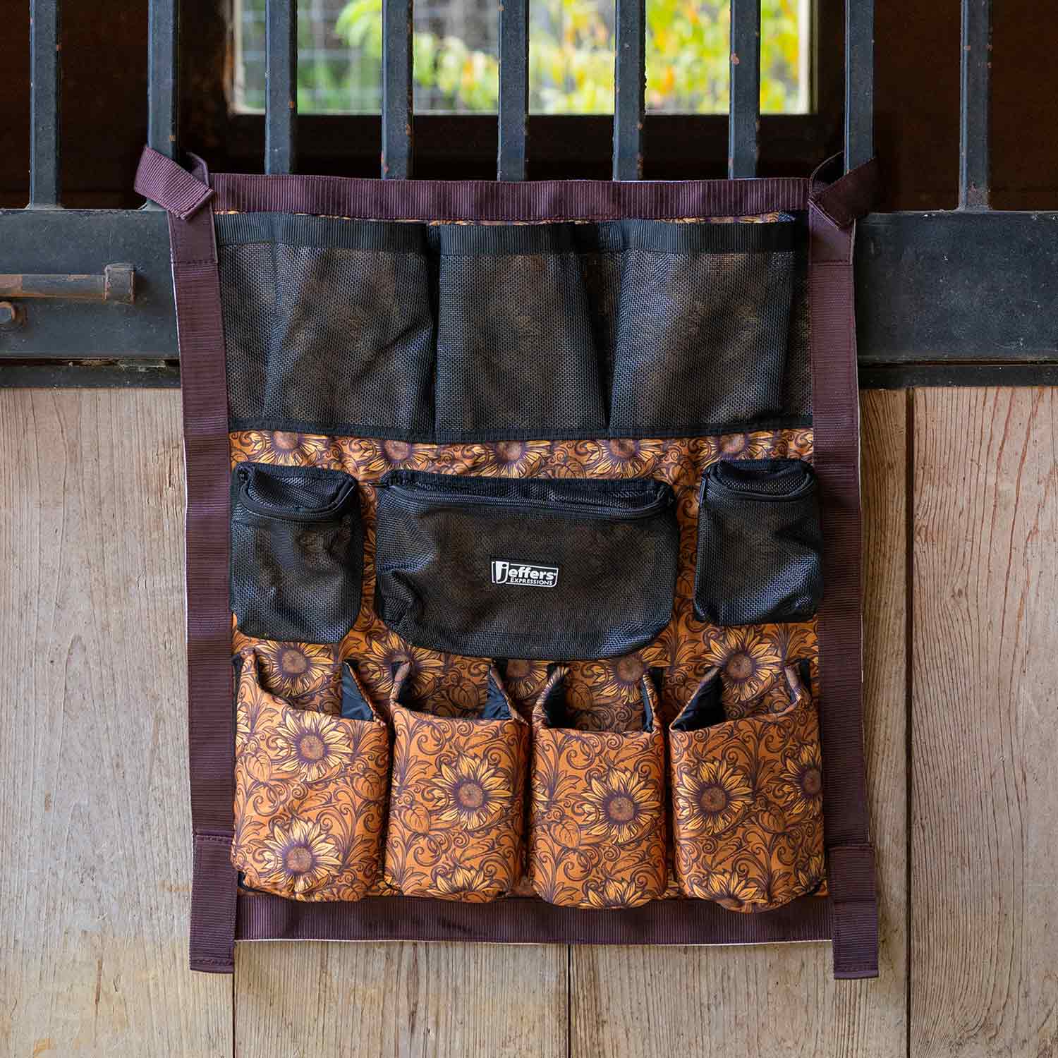 Jeffers Expressions trailer door horse grooming caddy, brown floral fabric with black mesh pockets