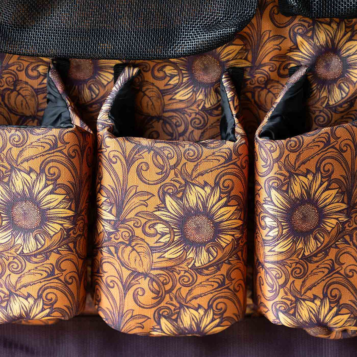 Jeffers Expression Trailer Door Horse Grooming Caddy with orange sunflower-patterned pockets
