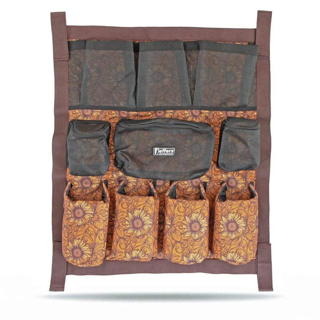 Jeffers Expression Trailer Door Horse Grooming Caddy with sunflower-pattern fabric and multiple zip pockets