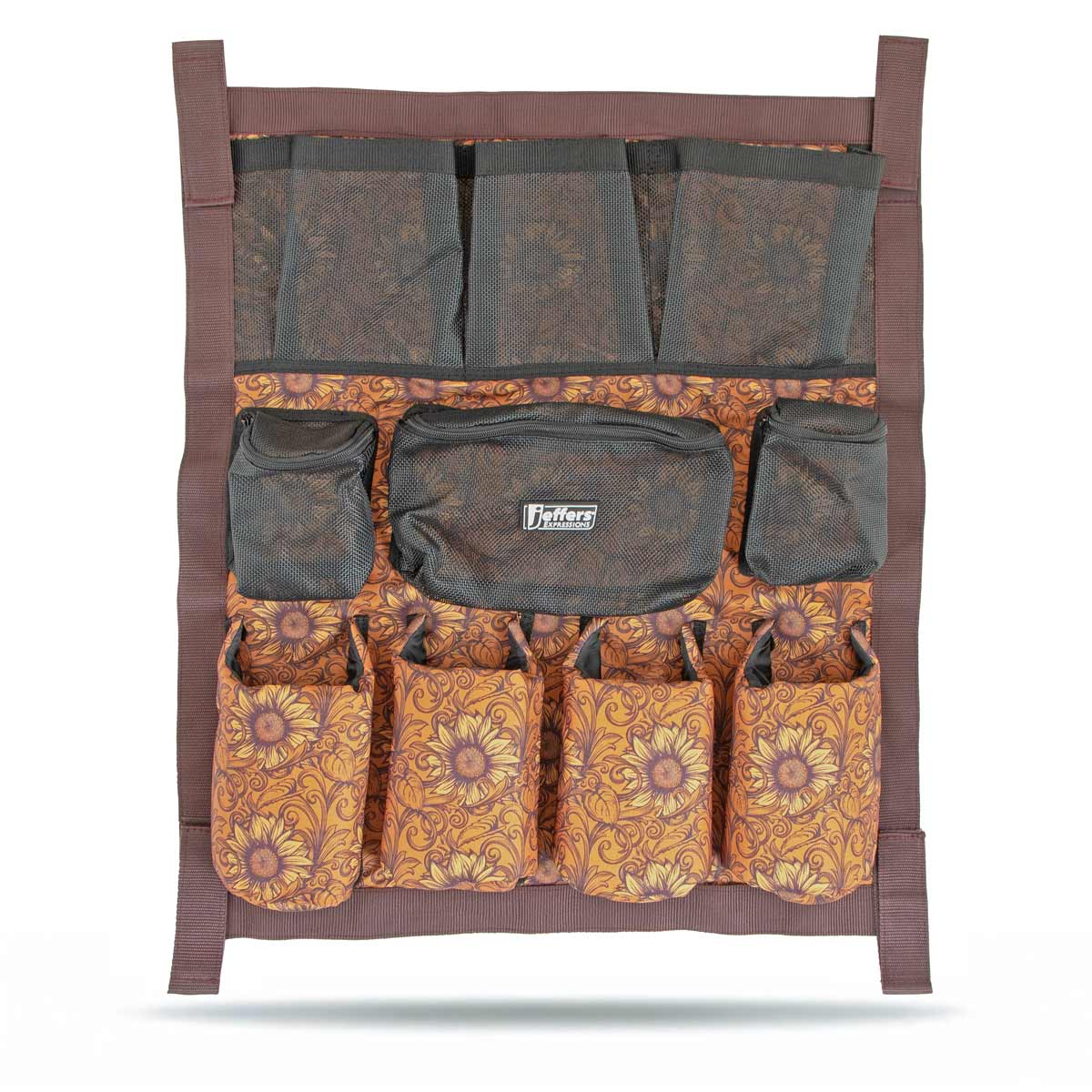 Jeffers Expression Trailer Door Horse Grooming Caddy with sunflower-pattern fabric and multiple zip pockets
