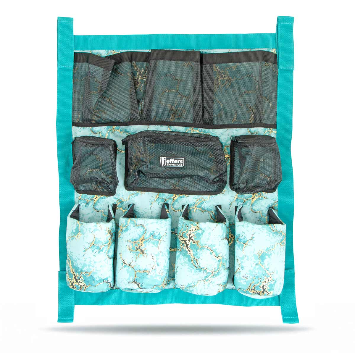 Jeffers Expression Trailer Door Horse Grooming Caddy, teal hanging organizer with multiple mesh pockets and pouches.