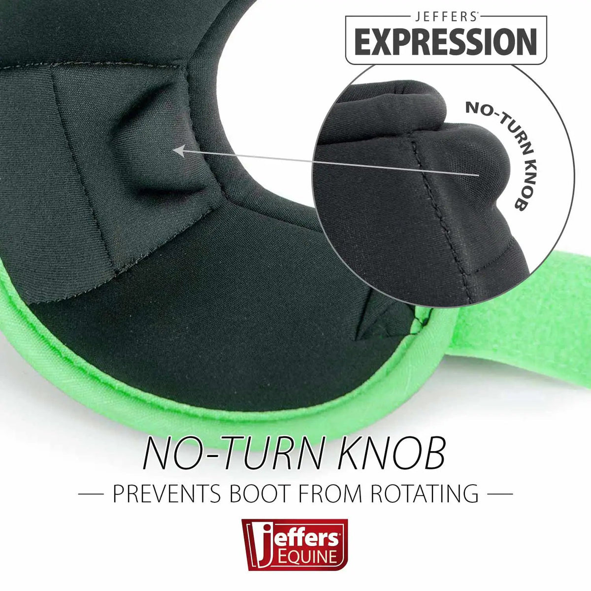 Jeffers Expression No-Turn Bell Boots for Horses; black fabric with neon green trim and no-turn knob feature