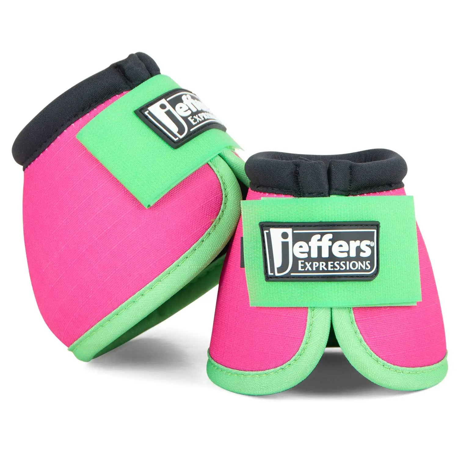 Jeffers Expressions neon pink no-turn bell boots for horses with green trim; two boots shown