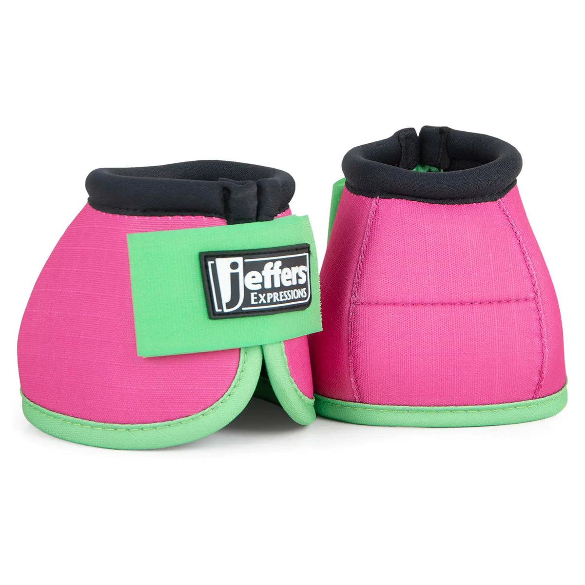 Jeffers Expressions Neon No-Turn Bell Boots for Horses, neon pink with bright green trim and black cuffs, pair shown together