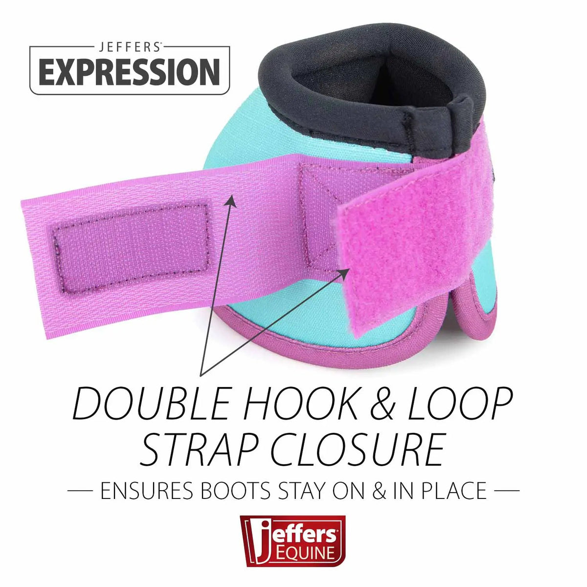 Jeffers Expression Neon No-Turn Bell Boots for Horses in pink and teal with double hook-and-loop strap closure
