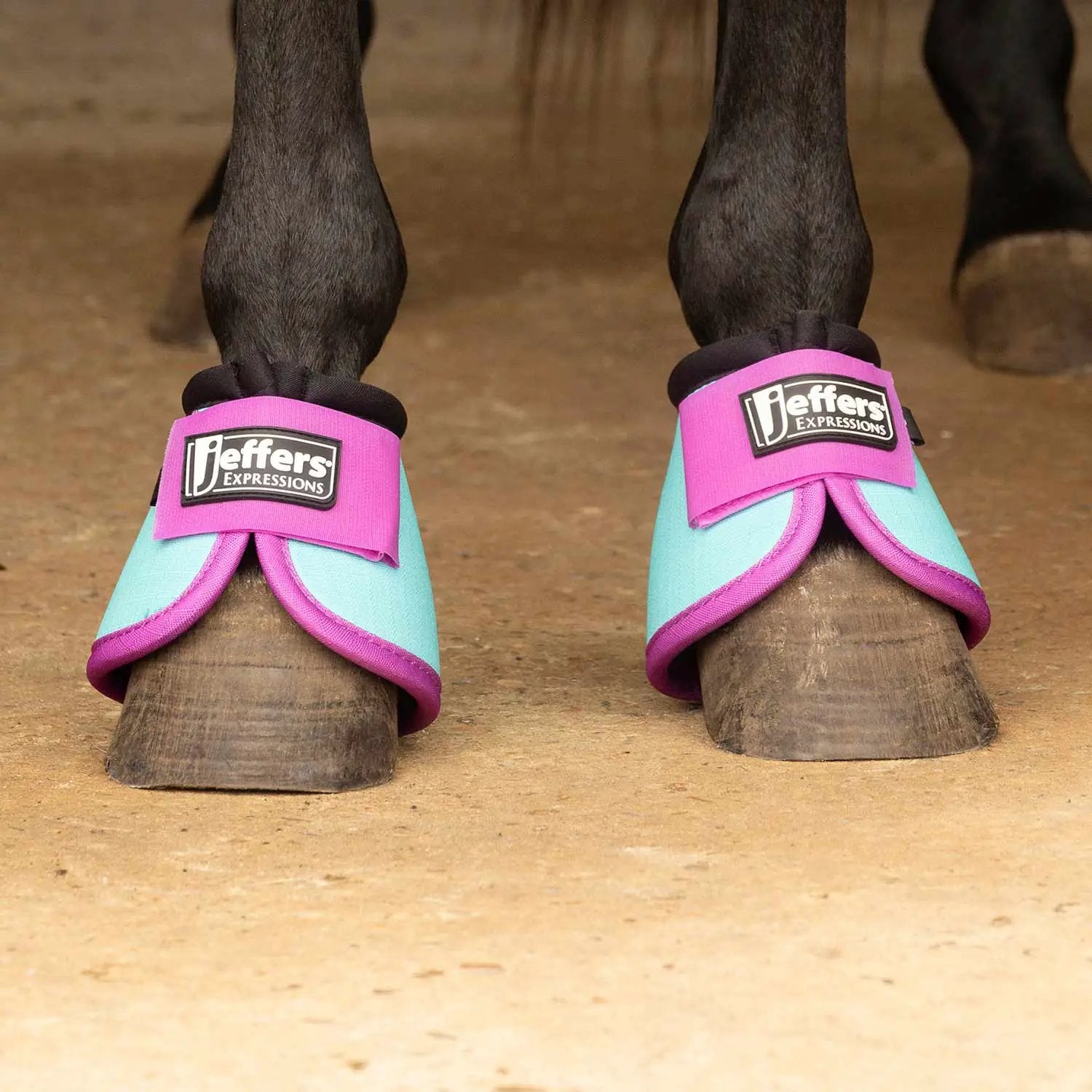 Jeffers Expressions neon No-Turn bell boots for horses; pink and teal on both front legs.