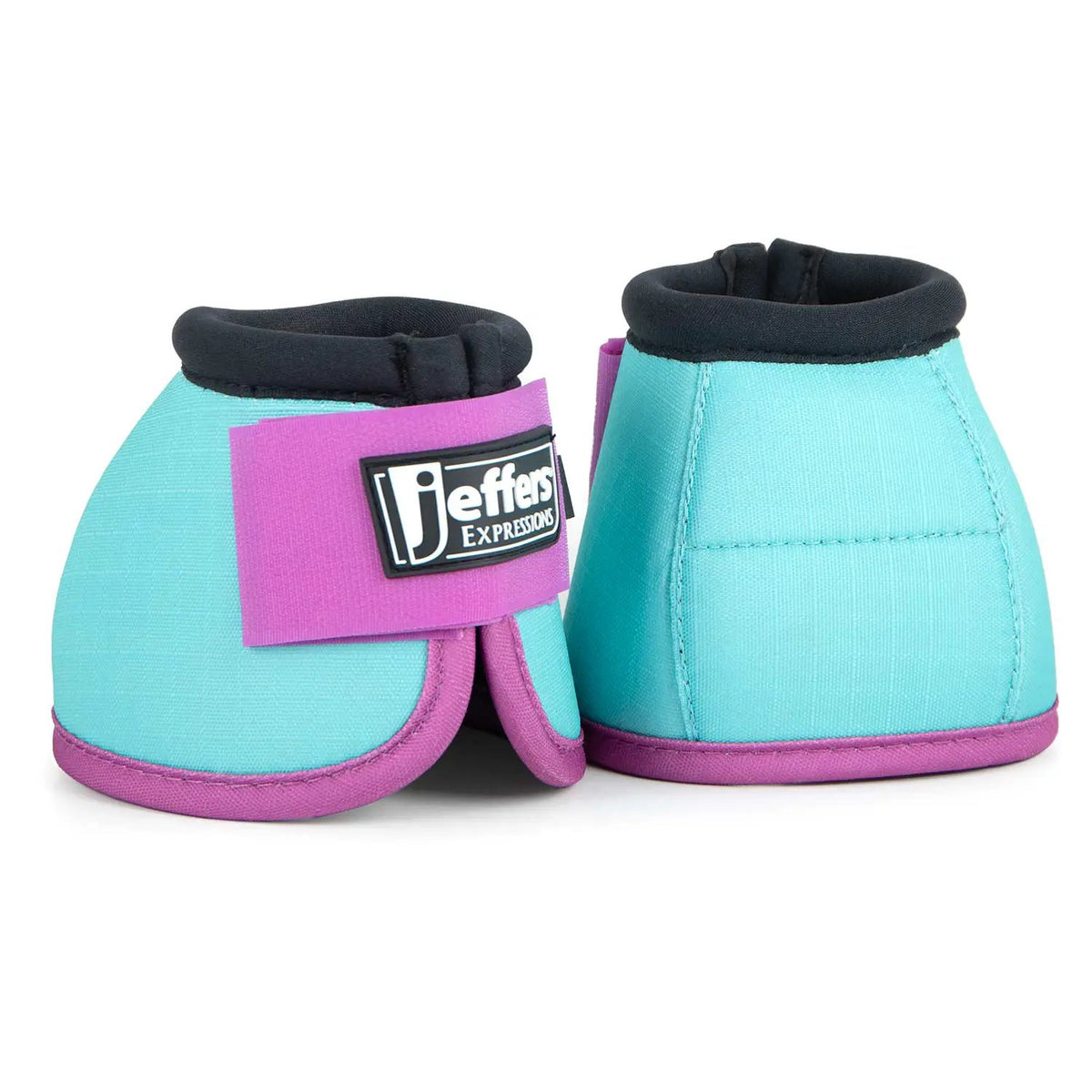 Jeffers Expression neon no-turn bell boots for horses, turquoise and pink pair with black cuffs.