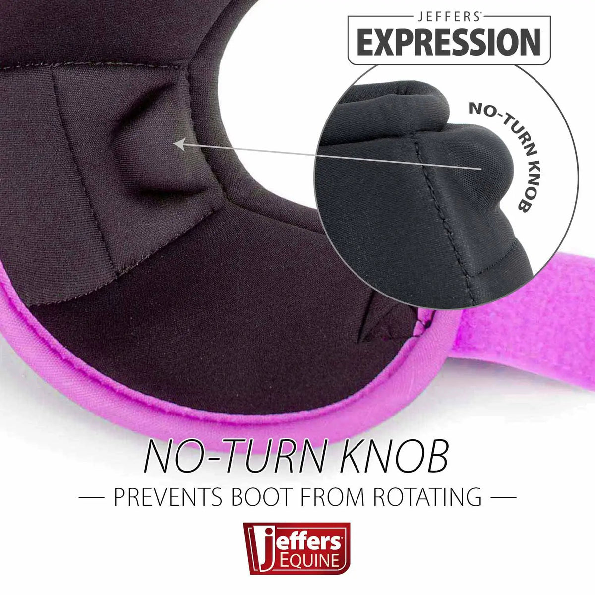 Jeffers Expression No-Turn Bell Boots for Horses; black bell boot with pink trim and no-turn knob.