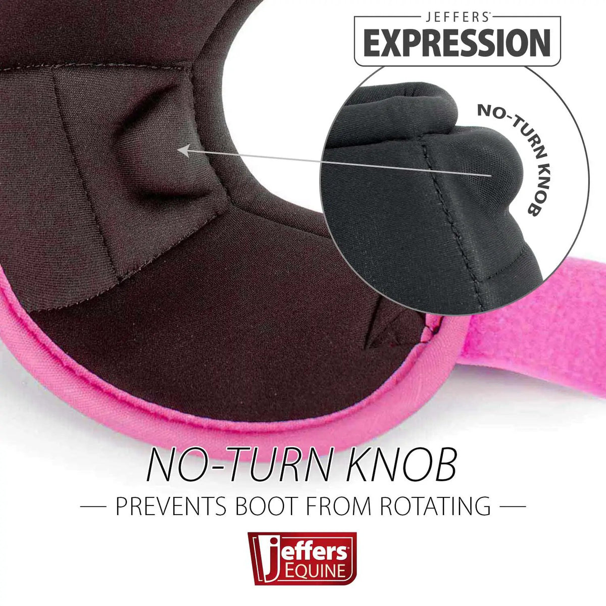 Jeffers Expression No-Turn Bell Boots for Horses; black neoprene with pink trim, no-turn knob design.