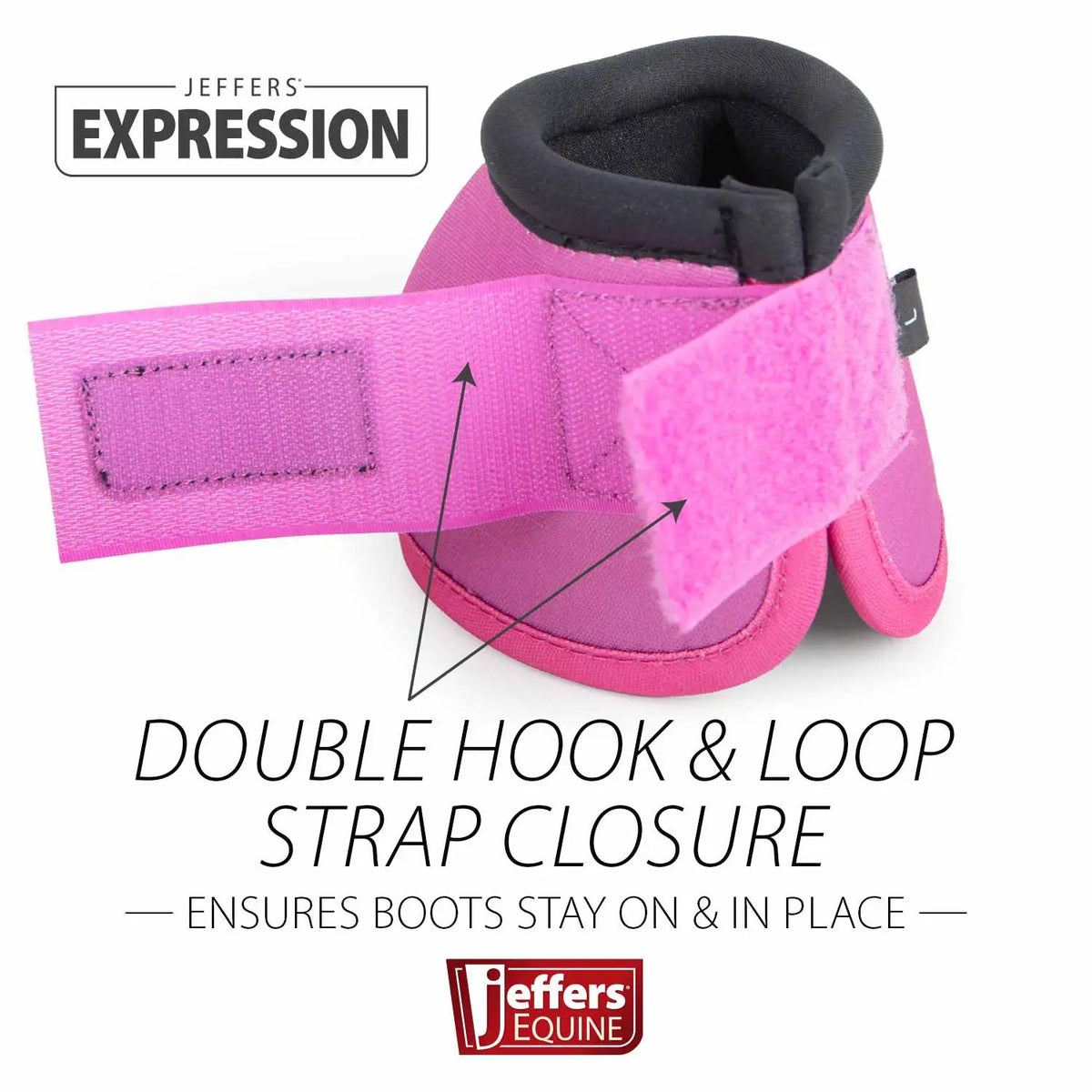 Jeffers Expression neon pink no-turn bell boots for horses with double hook-and-loop strap closure