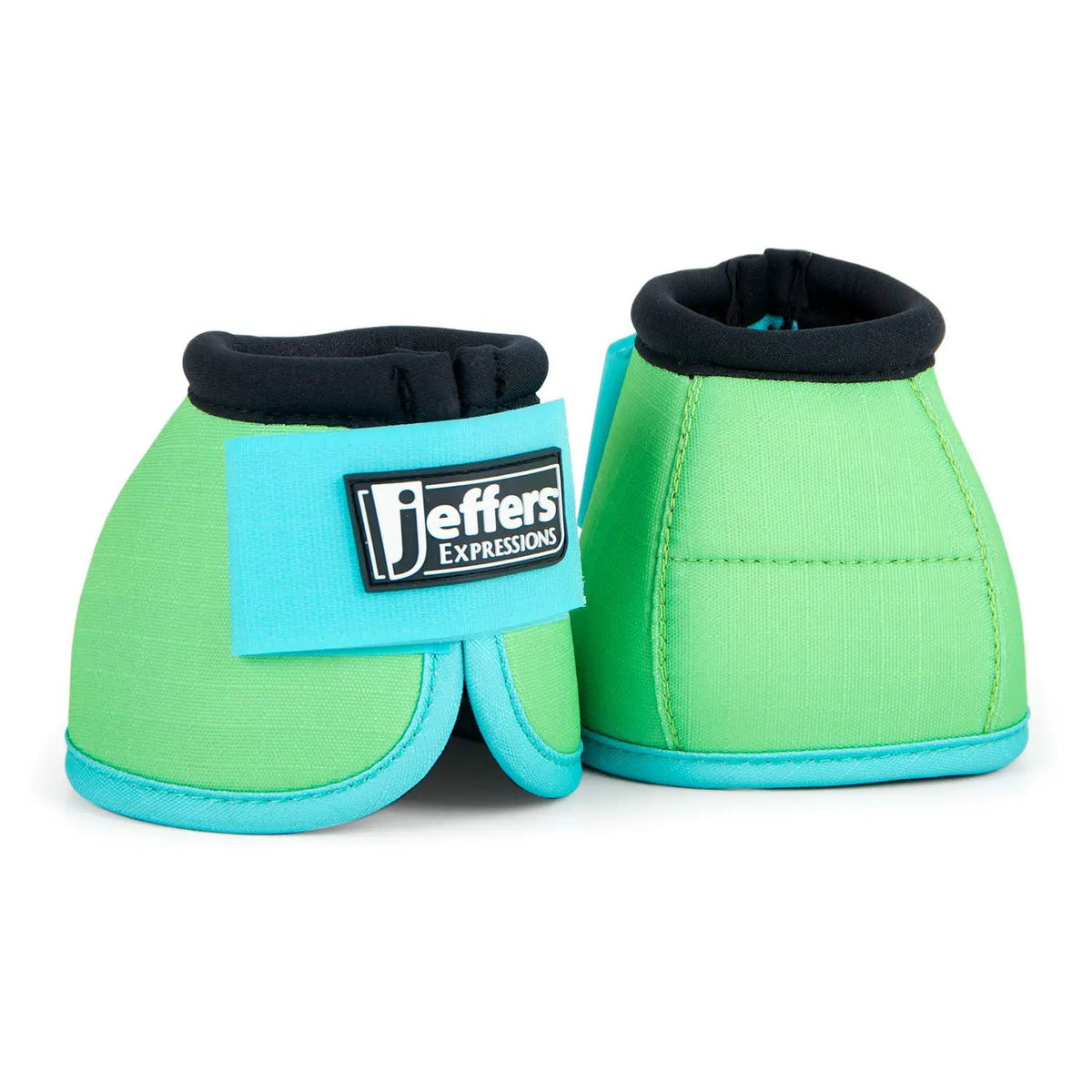 Jeffers Expressions neon no-turn bell boots for horses, lime green with turquoise trim, pair