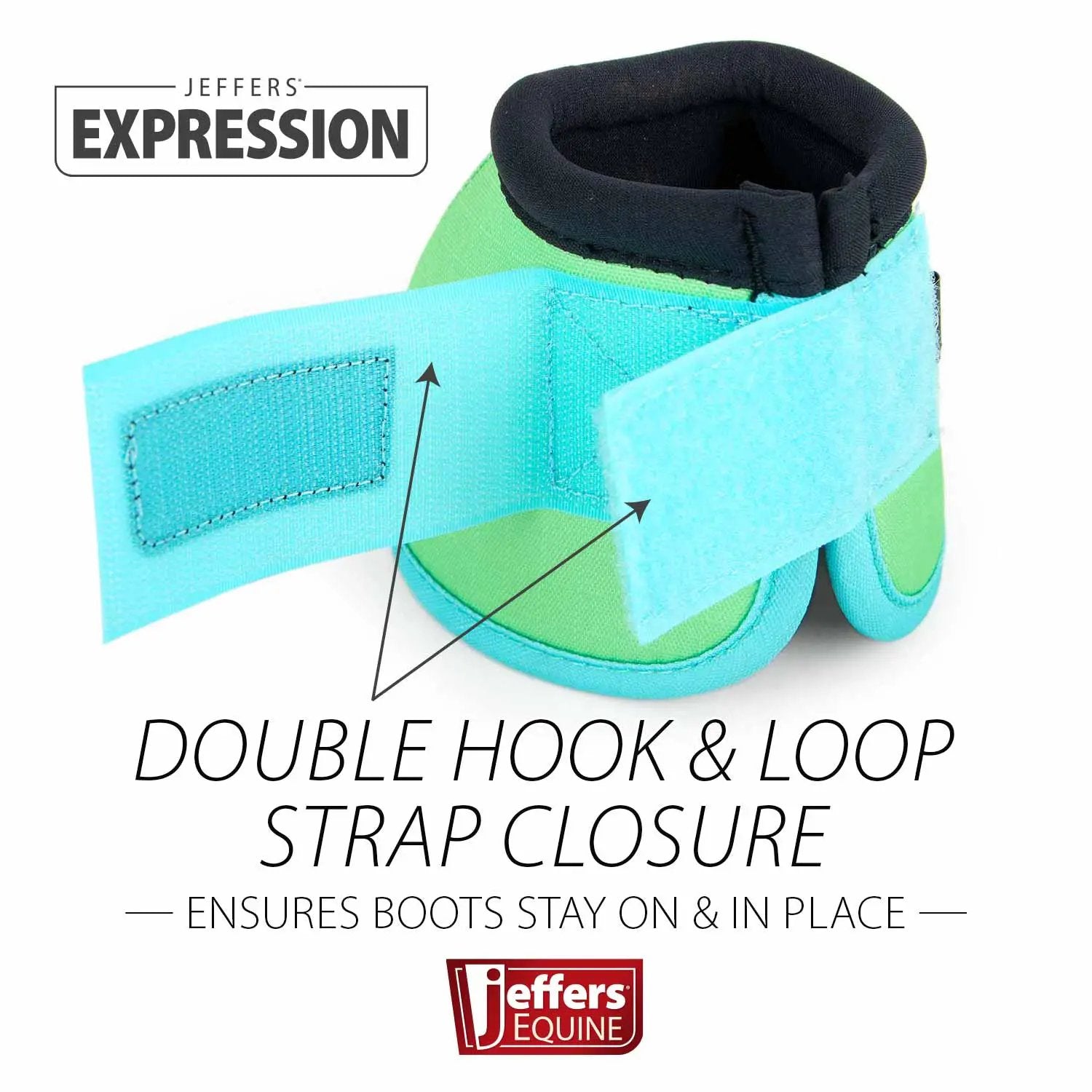 Jeffers Expression neon no-turn bell boots for horses, turquoise with lime accents, double Velcro closures.