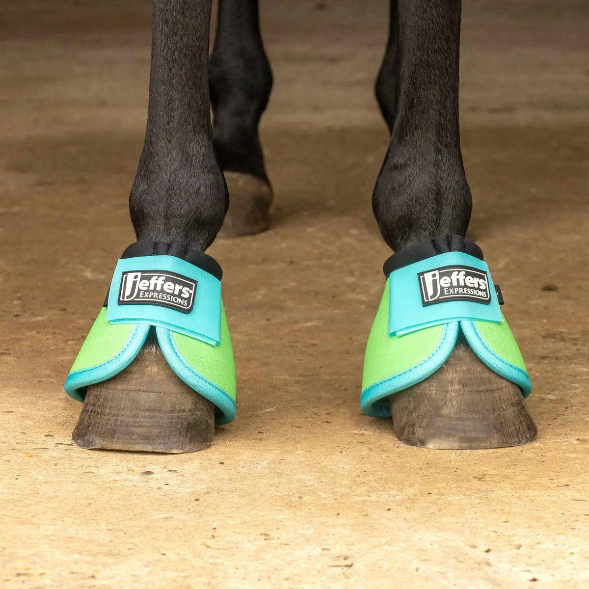Jeffers Expressions neon no-turn bell boots for horses, teal straps on bright green shells (pair)