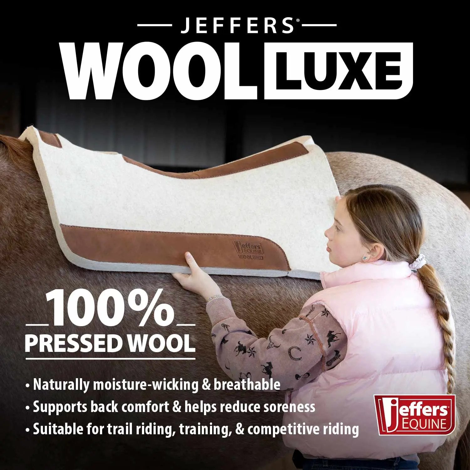Jeffers WoolLuxe 100% wool saddle pad with brown leather trim on a horse