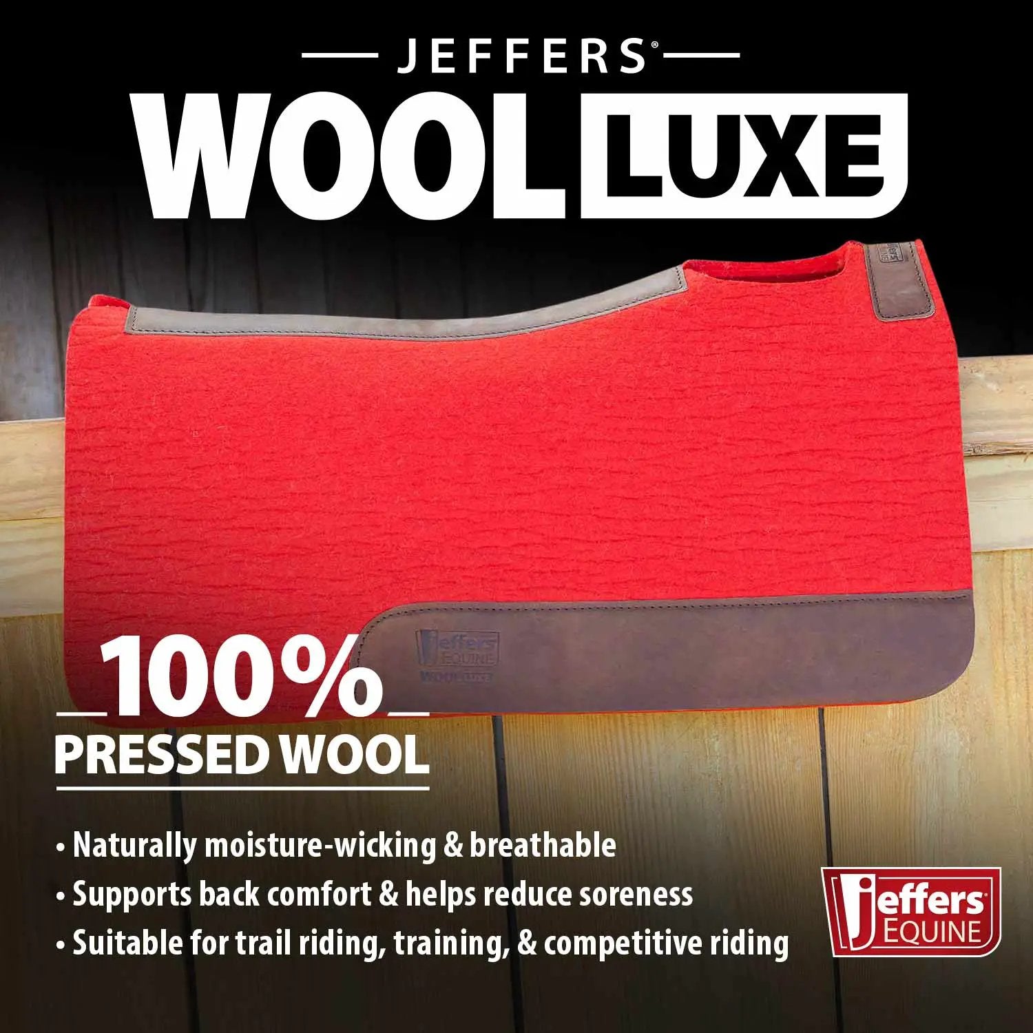 Jeffers WoolLuxe 100% Wool Saddle Pad, red with gray trim and leather patches.
