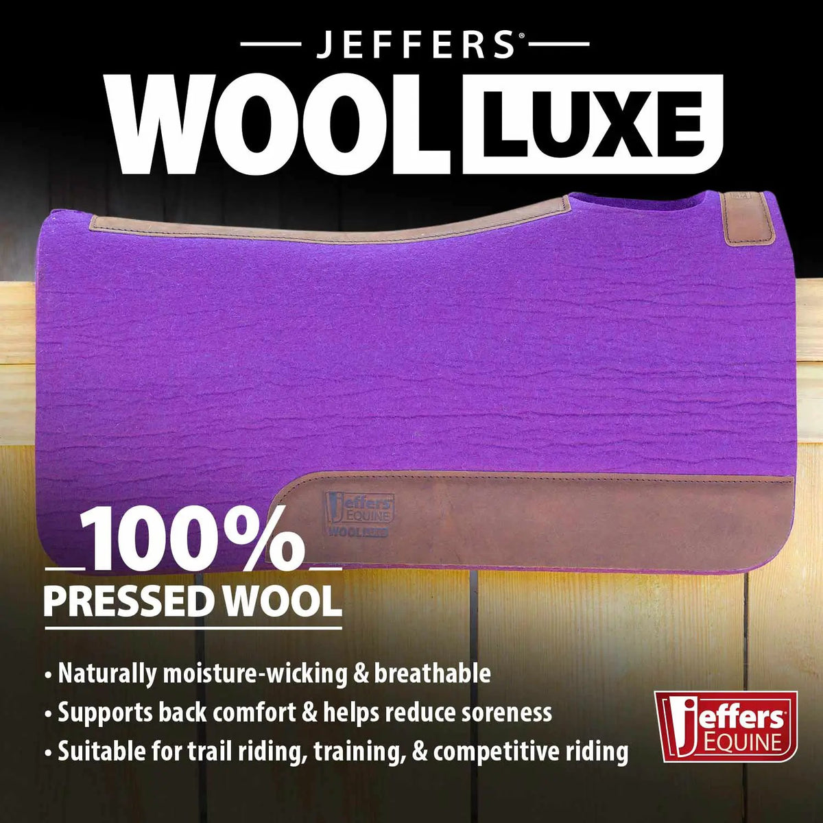 Jeffers WoolLuxe 100% Wool Equine saddle pad in purple with tan leather trim