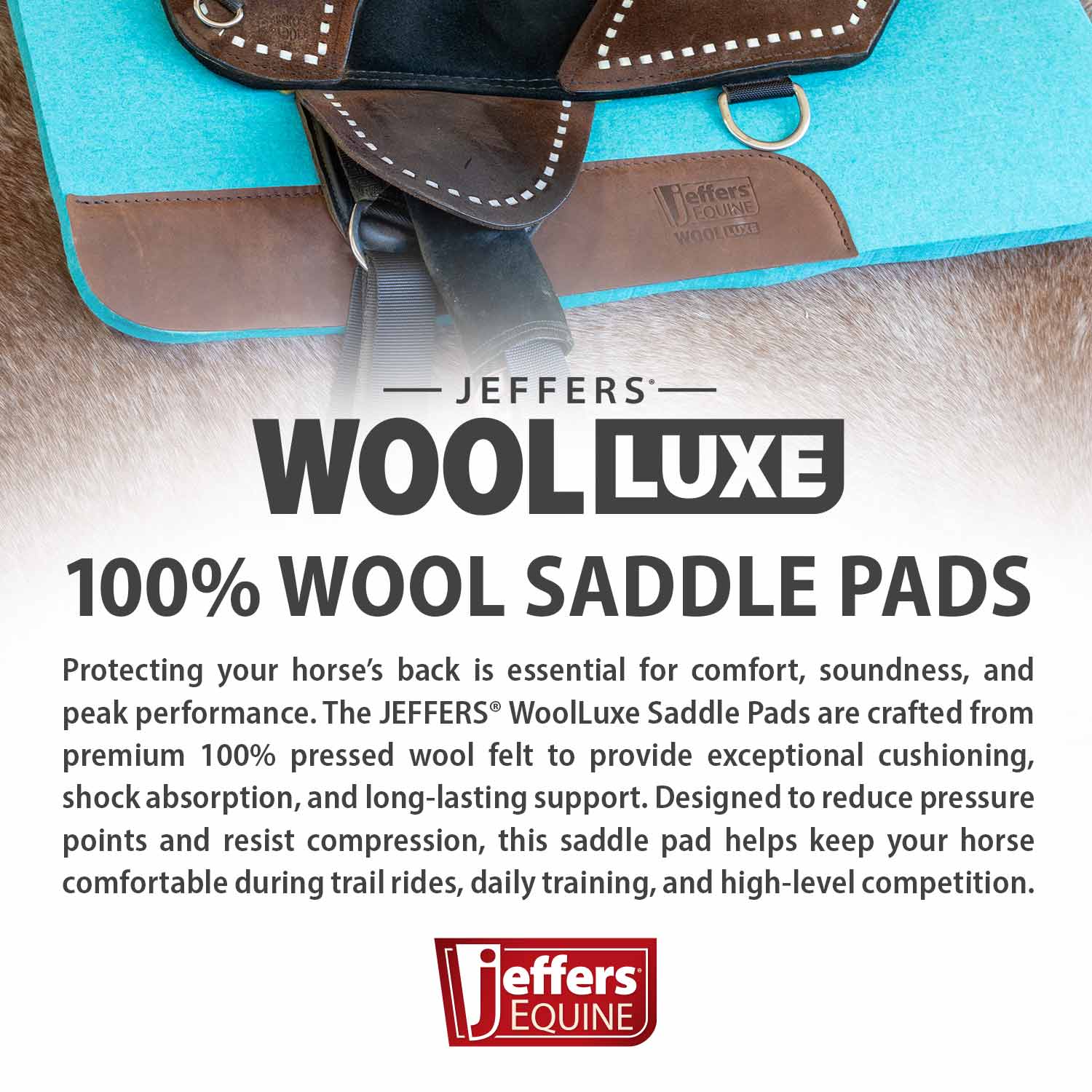 Jeffers WoolLuxe 100% Wool Saddle Pad, turquoise with brown leather straps and white stitching