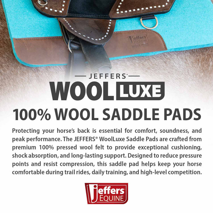 Jeffers WoolLuxe 100% Wool Saddle Pad, turquoise with brown leather straps and white stitching