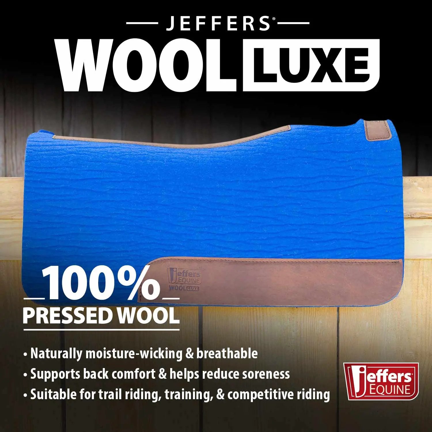 Jeffers WoolLuxe 100% Wool Equine Saddle Pad, blue with brown leather trim