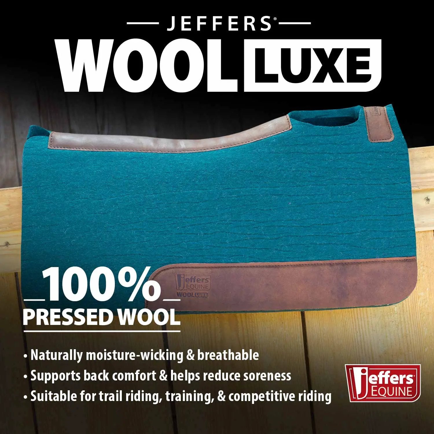 Jeffers WoolLuxe 100% wool equine saddle pad in teal with brown leather trim, cushioned and breathable.