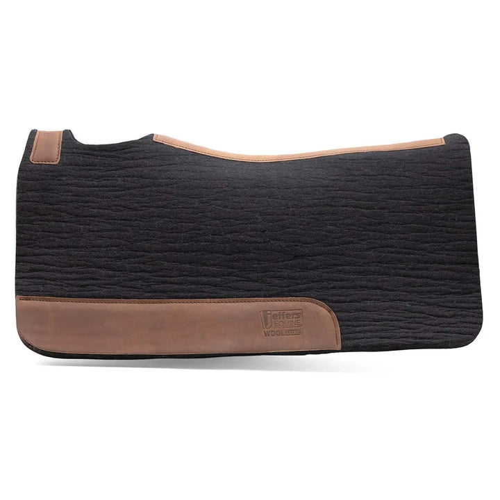 Jeffers WoolLuxe saddle pad, 100% wool, black with tan leather trim and embossed Jeffers logo.