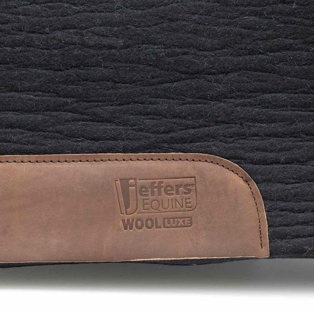 Jeffers WoolLuxe saddle pad, 100% wool; black with tan leather patch embossed logo