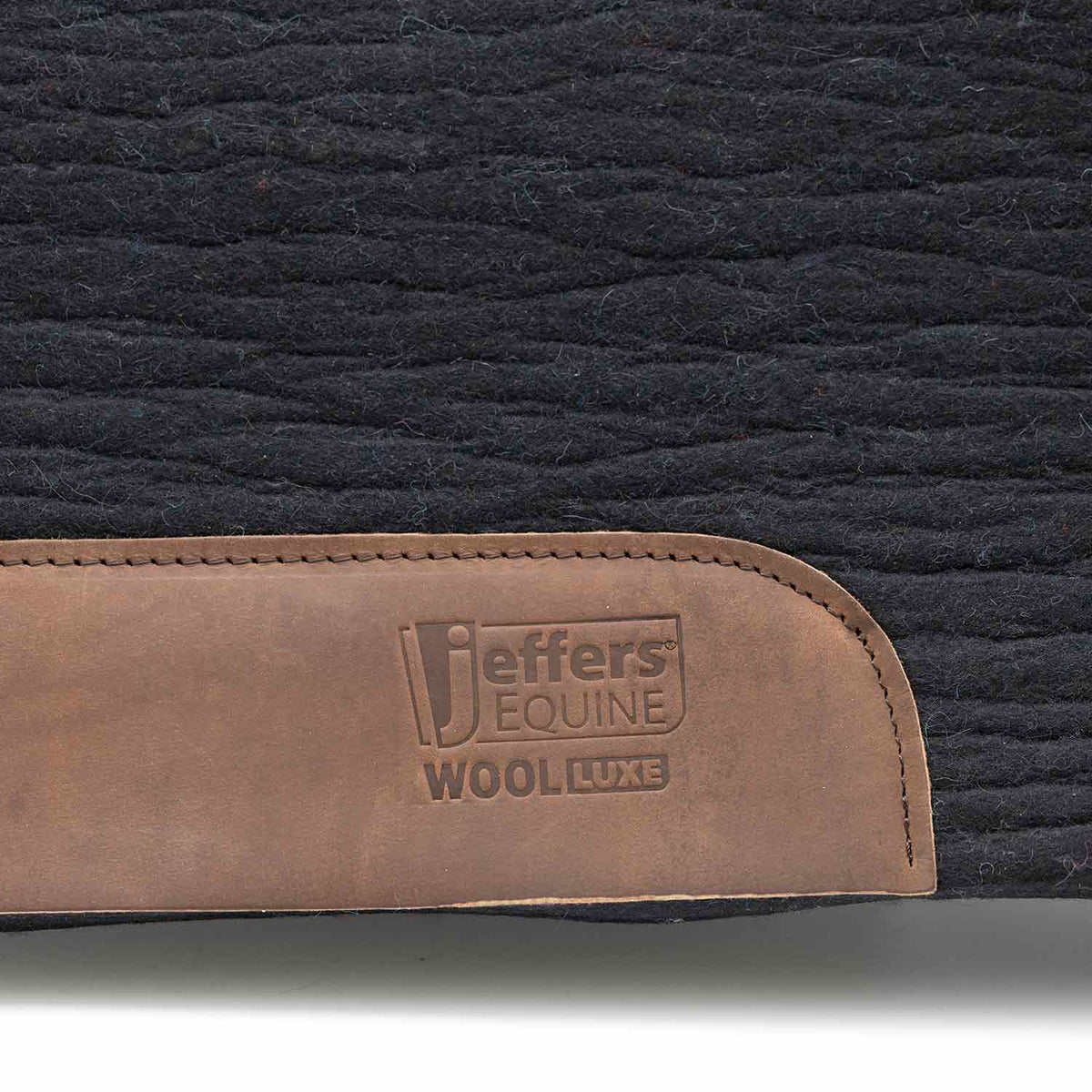 Jeffers WoolLuxe saddle pad, 100% wool; black with tan leather patch embossed logo