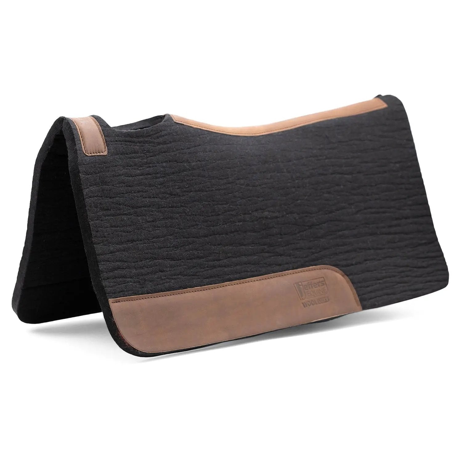 Jeffers WoolLuxe saddle pad, black quilted wool with tan leather trim and logo patch