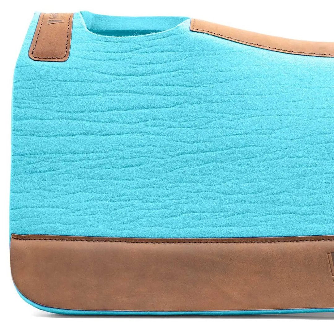 Jeffers WoolLuxe saddle pad, turquoise wool with brown leather trim, cushioned