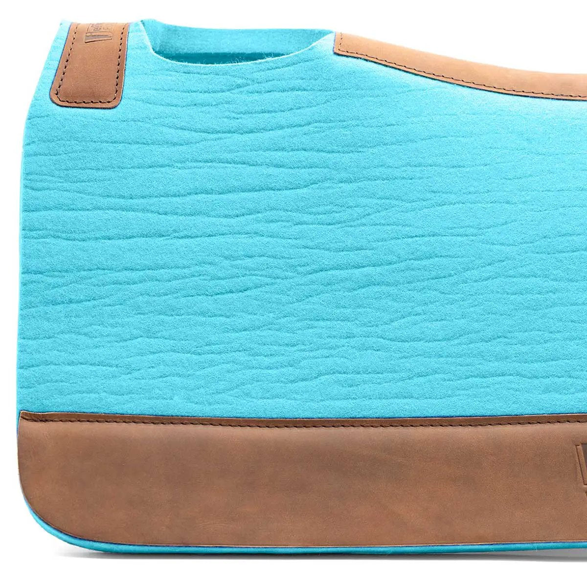 Jeffers WoolLuxe saddle pad, turquoise wool with brown leather trim, cushioned