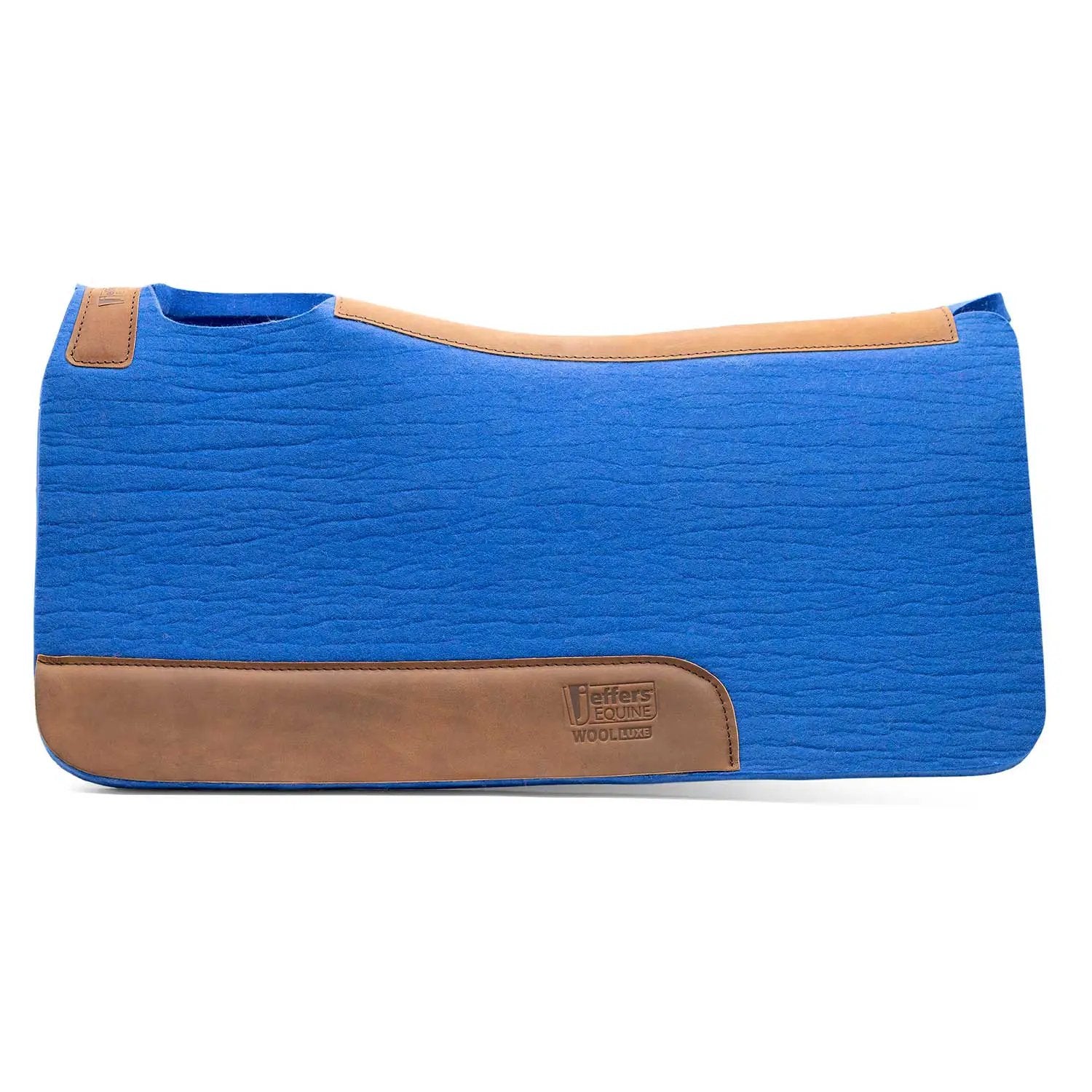 Jeffers WoolLuxe saddle pad, blue 100% wool with tan leather trim and logo patch.