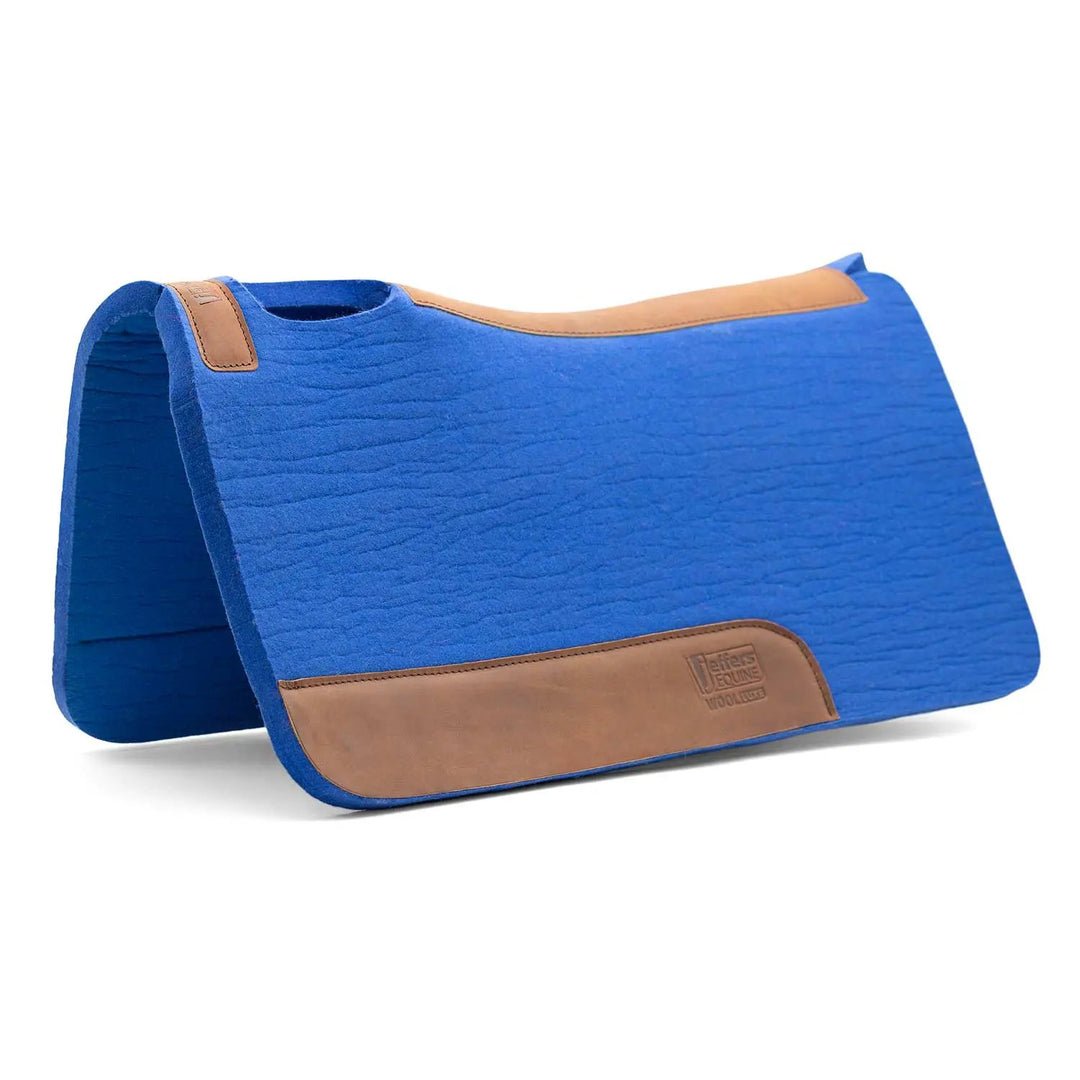 Jeffers WoolLuxe 100% Wool equine saddle pad, blue with tan leather trim.